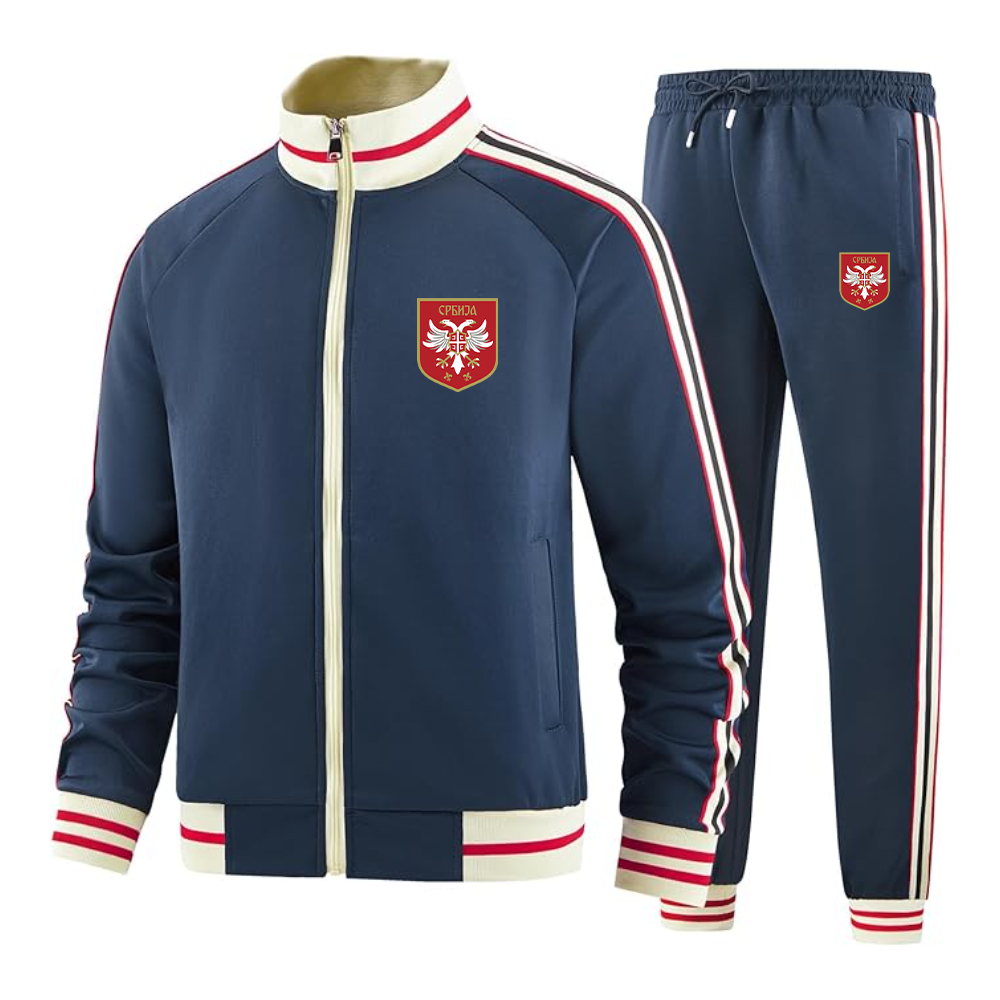 Men's Serbia National Football Soccer Team Logo Tracksuit with Bold Striped Accents and Zippered Front Athletic Wear