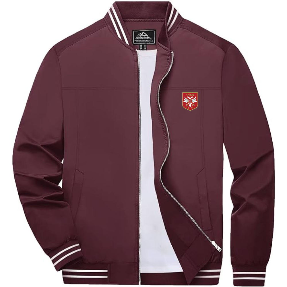 Men's Serbia National Football Soccer Team Logo Lightweight Zip-Up Ribbed Collar and Cuffs Bomber Jacket
